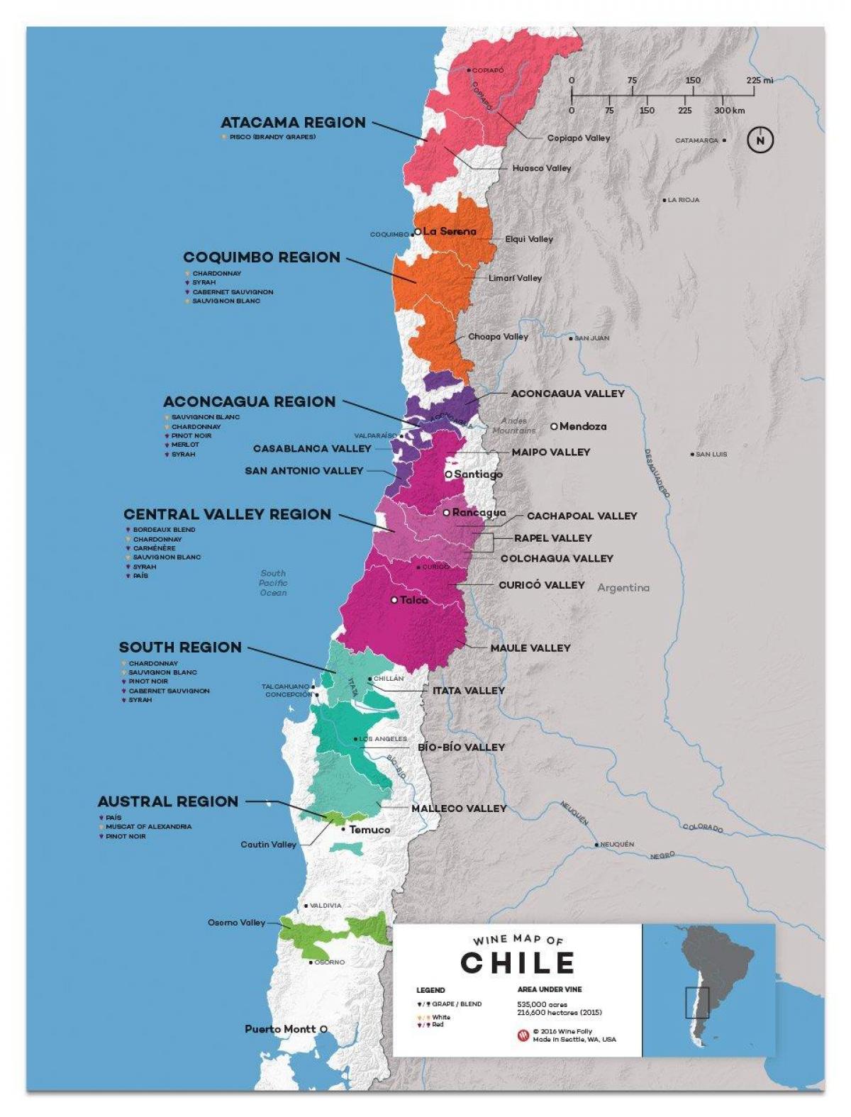 चिली वाइन देश का नक्शा